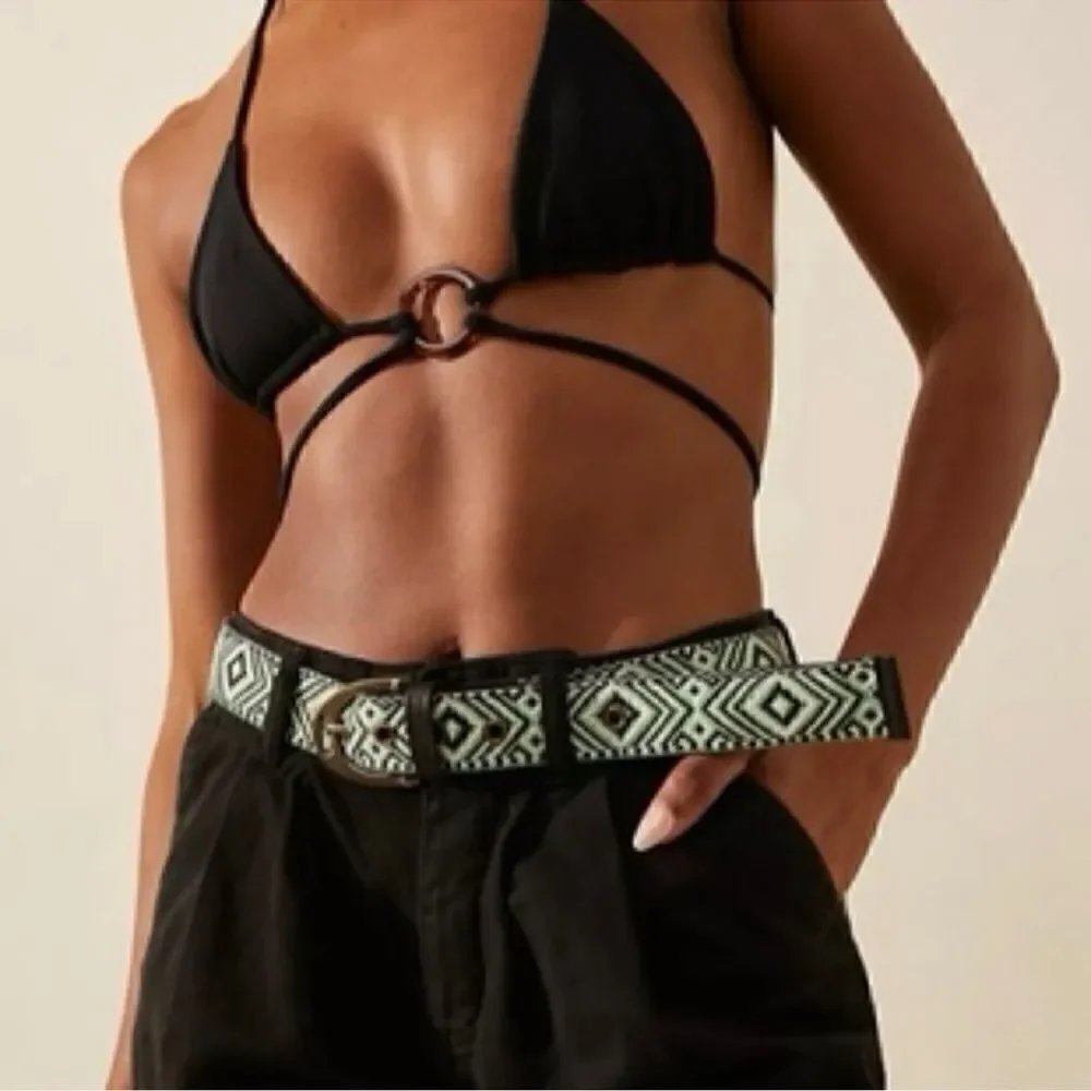 NWOT Free People Moving to Mars Belt Cotton S/M Green Black Leather Cotton Retro